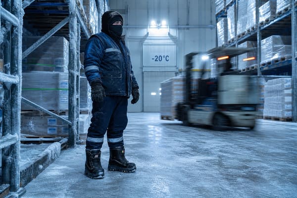 cold storage warehouse worker wearing CI safety shoes at -20°C