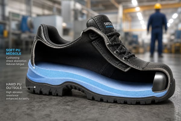 Dual density PU sole direct injection safety shoe comfort and durability