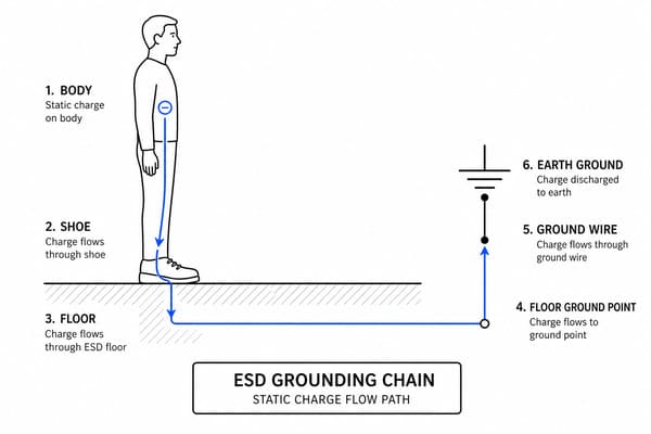 ESD grounding chain diagram body shoe floor ground