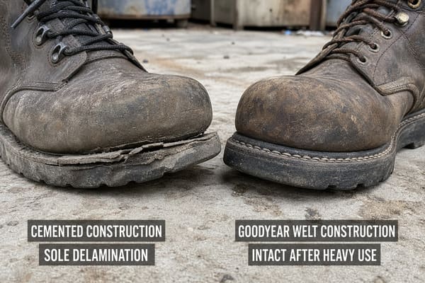 Goodyear Welt vs Cemented Sole Durability Comparison Side by side field comparison of cemented sole delamination vs intact Goodyear welt safety shoe