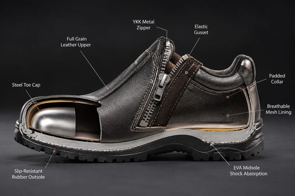 zipper safety shoe construction and gusset detail