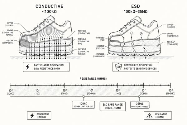 Conductive vs ESD safety shoes resistance comparison
