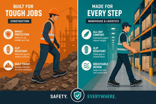 Construction workers and warehouse workers wearing safety shoes on site