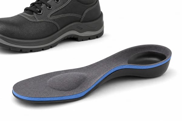 Orthopedic insole structure inside safety shoe showing heel cup and arch support