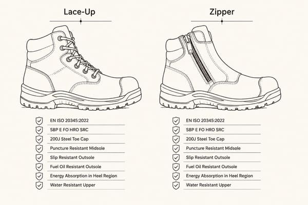 lace-up vs zipper safety shoe EN ISO 20345 test comparison
