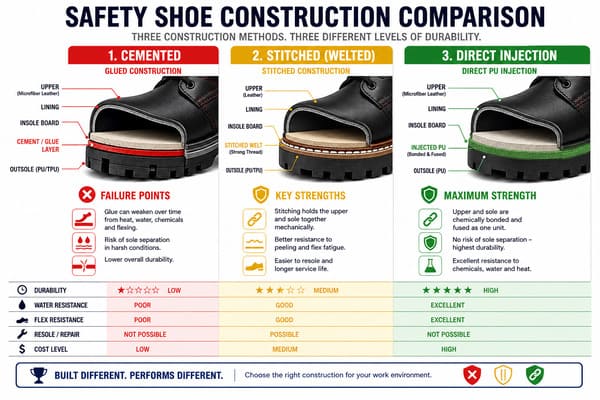 Safety shoe construction comparison cemented stitched direct injection