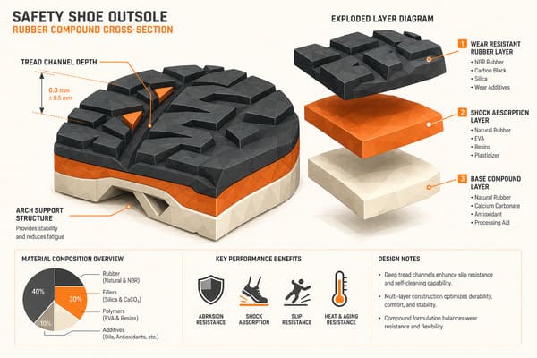 Safety shoe outsole material slip resistance rubber compound tread design