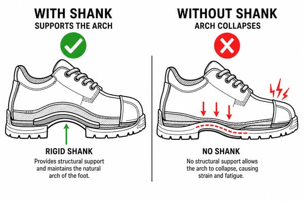 Safety shoe with and without shank comparison