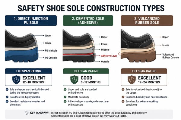 Safety shoe sole construction types comparison