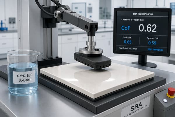 SRA Test Setup — Smooth Ceramic Tile with SLS Soapy Water\ Ceramic tile and SLS solution used in SRA slip resistance test