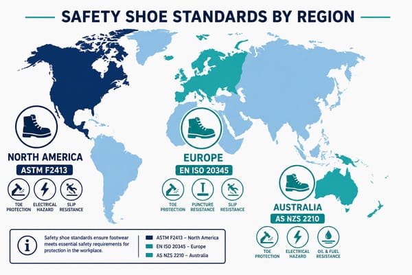 global safety shoe standards EN ISO 20345 ASTM F2413 AS NZS 2210 comparison
