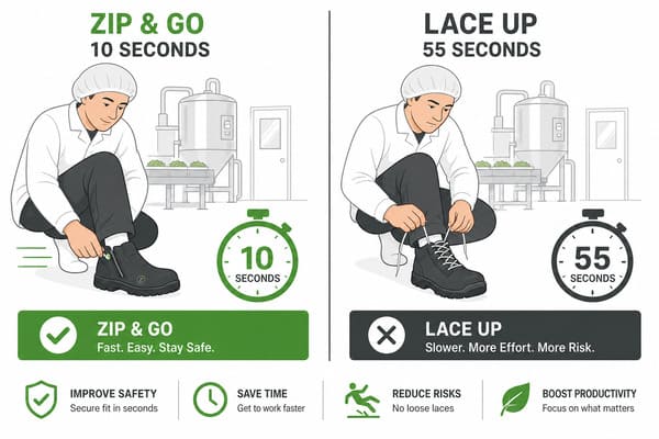 Which Is Faster – Lace-Up or Zipper Safety Shoes for Industrial Use? Time comparison putting on lace-up vs zipper safety shoes in food processing facility