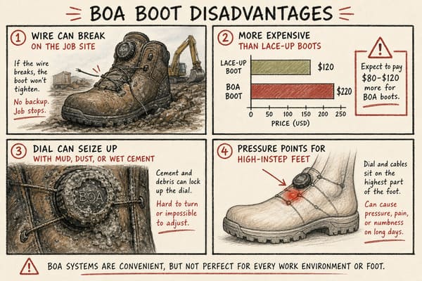 Disadvantages of BOA Boots Safety Footwear BOA boot disadvantages wire repair contamination high instep foot shape
