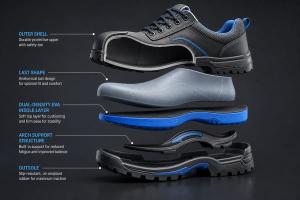 What Makes a Safety Shoe Comfortable After 8 Hours – Closure, Insole, or Last? Comfortable safety shoe design showing insole and last construction for 8-hour work shifts