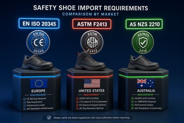 Safety shoe import requirements Europe US Australia