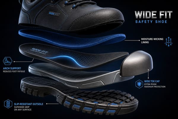 Close-up of wide-fit safety shoe features including insole, lining, and outsole